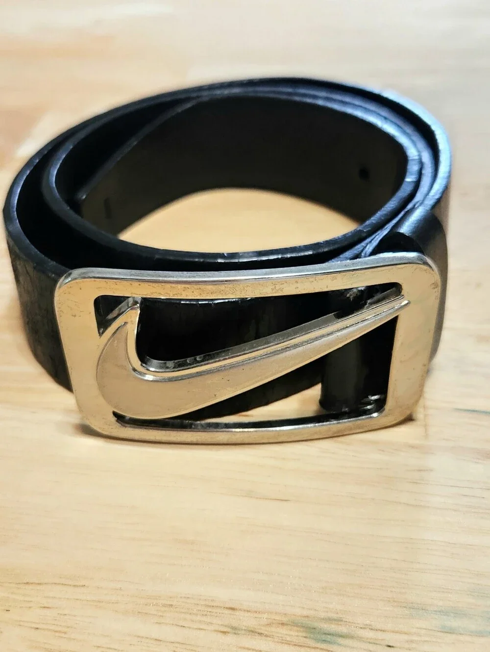 Vintage Nike Golf Silver Swoosh Buckle Black Belt Mens 34 Faux Leather 11034